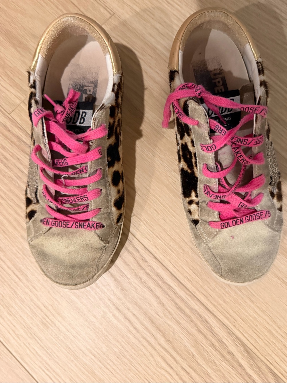 Golden Goose Leopard-Print Low-Top Sneakers with Pink Laces